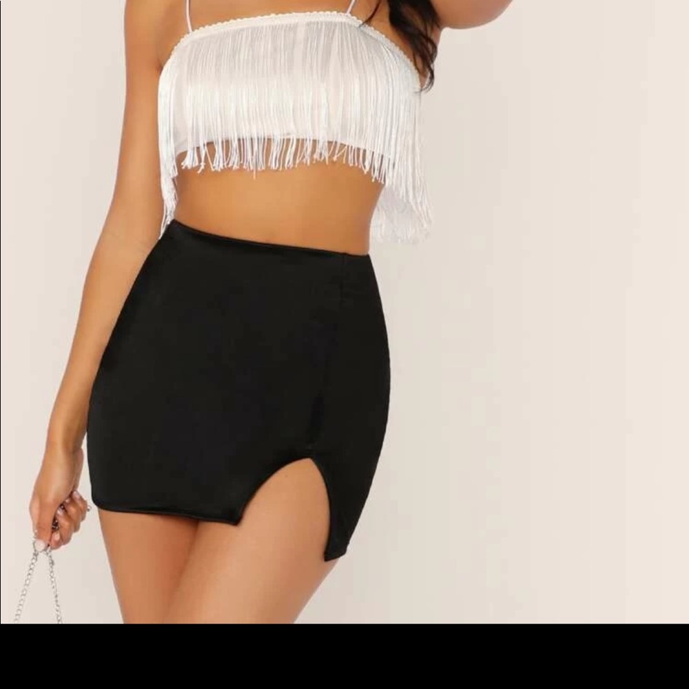 SHEIN Satin High-Rise Black Split Mini Skirt-SMALL